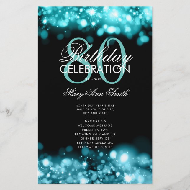 80th Birthday Program Glam Lights Teal Menu  Flyer (Front)