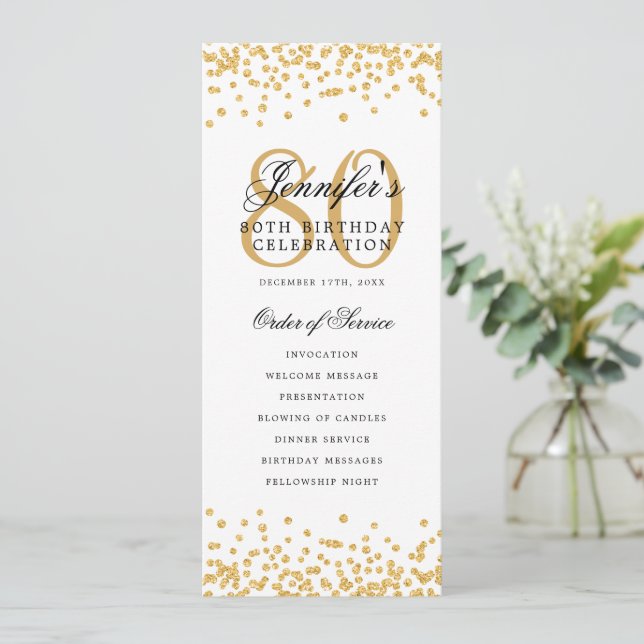 80th Birthday Program Gold Confetti Menu  (Standing Front)