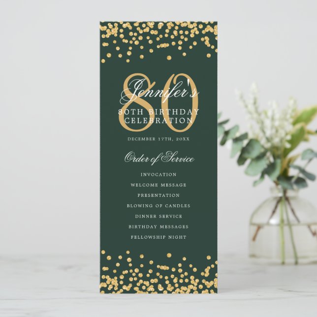80th Birthday Program Gold Green Confetti (Standing Front)