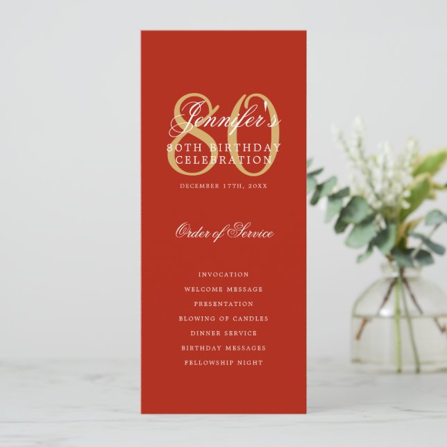 80th Birthday Program Gold Red Thank You (Standing Front)