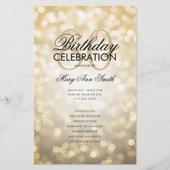 80th Birthday Program Lights Gold w/ Menu  Flyer (Front)