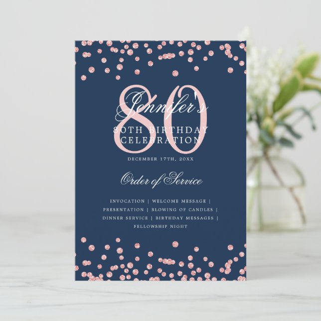 80th Birthday Program Menu Rose Gold Navy Blue  (Standing Front)