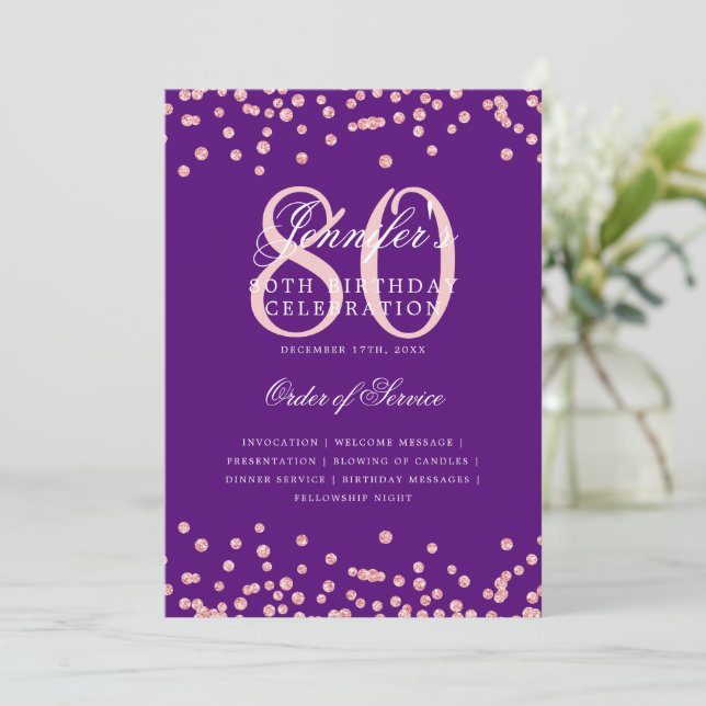 80th Birthday Program Menu Rose Gold Purple  (Standing Front)