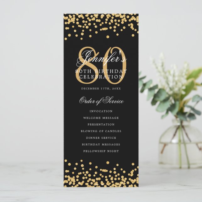 80th Birthday Program Menu Thank You Gold Confetti (Standing Front)