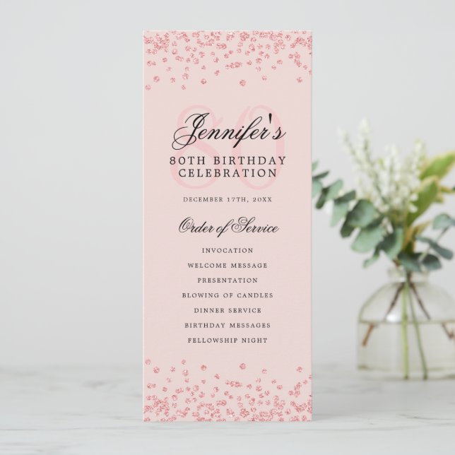 80th Birthday Program Menu Thanks Rose Gold Blush (Standing Front)