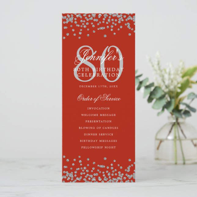 80th Birthday Program Menu Thanks Silver Red  (Standing Front)