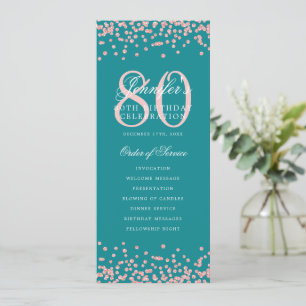 80th Birthday Program Rose Gold Confetti Turquoise