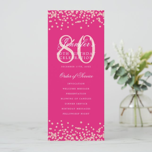 80th Birthday Program Rose Gold Menu Hot Pink  (Standing Front)