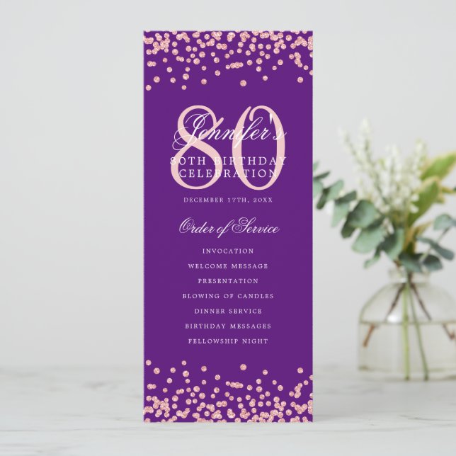 80th Birthday Program Rose Gold Menu Purple  (Standing Front)