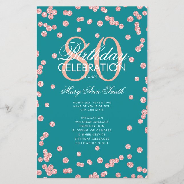 80th Birthday Program Rose Gold Teal Glitter Menu (Front)