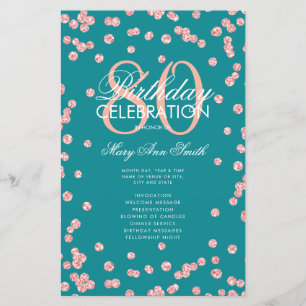 80th Birthday Program Rose Gold Teal Glitter Menu