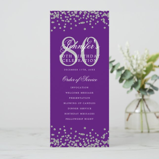 80th Birthday Program Silver Confetti Purple  (Standing Front)