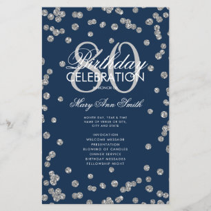 80th Birthday Program Silver Navy Glitter Menu