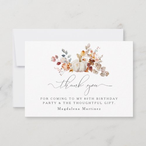 80th Birthday Pumpkin Fall Flower Custom Flat Thank You Card