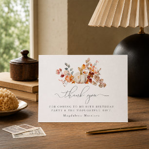 80th Birthday Pumpkin Fall Flower Custom Flat Thank You Card
