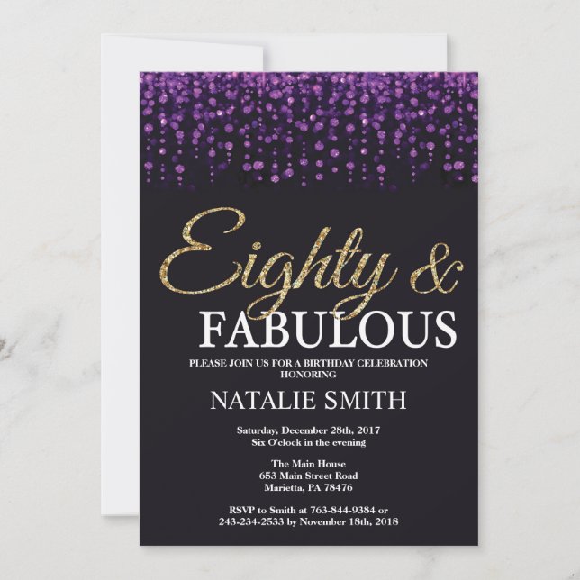 80th Birthday Purple and Gold Glitter Invitation (Front)