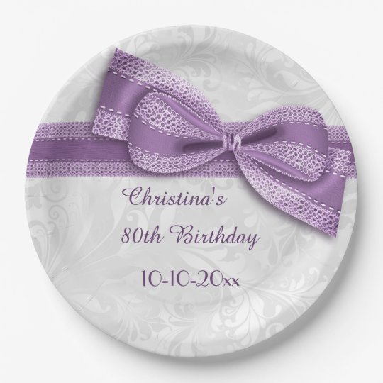 80th Birthday Purple Damask And Faux Bow Paper Plate 6874