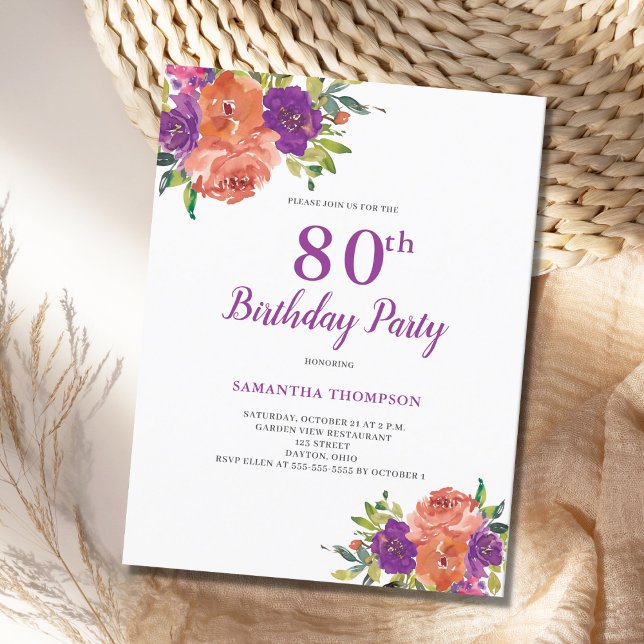 80th Birthday Purple Floral Invitation Postcard (Creator Uploaded)