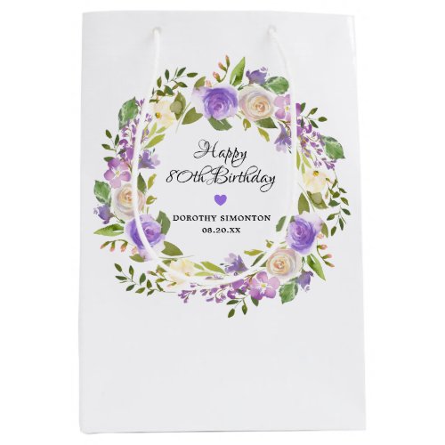 80th Birthday Purple Floral Monogram Medium Gift Bag