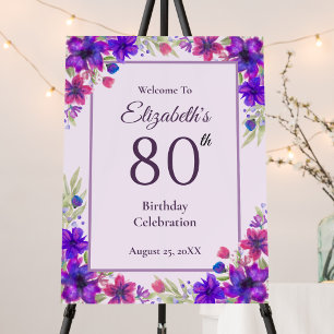 80th Birthday Purple Floral Welcome Sign