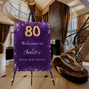 80th birthday purple glitter sparkles welcome foam board