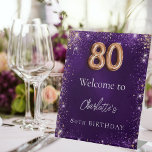 80th birthday purple glitter sparkles welcome pedestal sign<br><div class="desc">A welcome sign for a girly and glamorous 80th birthday party.  A deep purple background decorated with faux glitter,  sparkles. The purple color is uneven. Personalize and a name.</div>