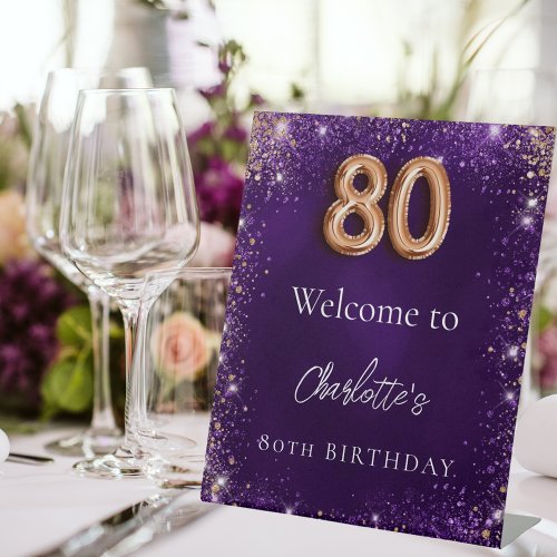 80th birthday purple glitter sparkles welcome pedestal sign