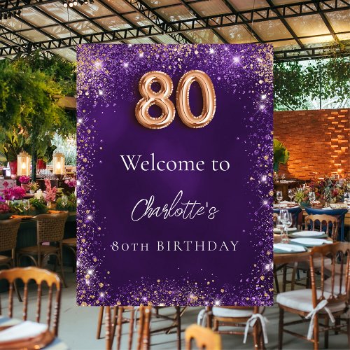 80th birthday purple glitter sparkles welcome poster