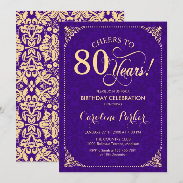80th Birthday - Purple Gold Damask Invitation (Front/Back)
