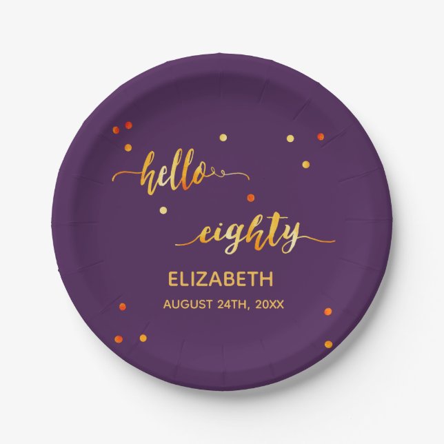 80th birthday purple gold hello 80 name script paper plates (Front)