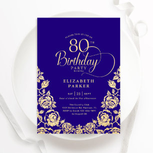 80th Birthday Purple Gold Roses Invitation