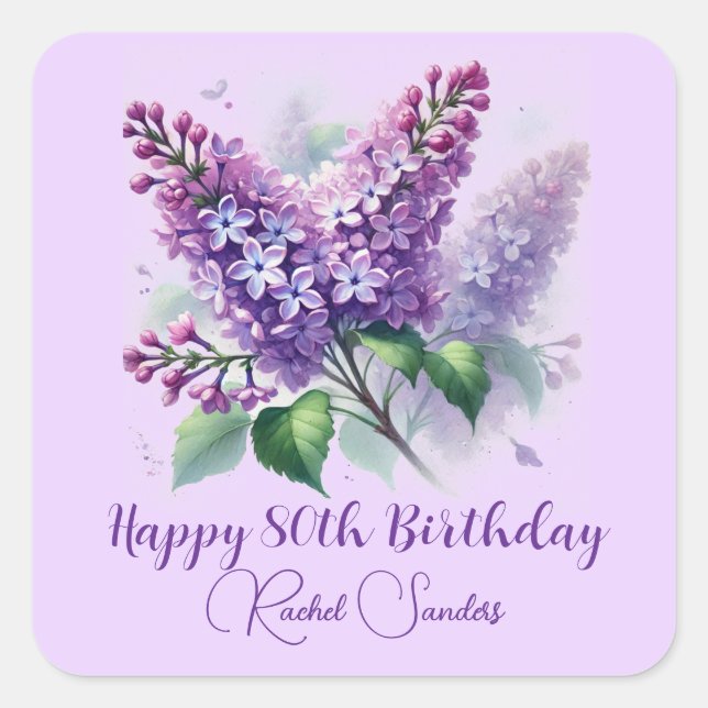 80th Birthday Purple Lilac Flowers Spring Square Sticker (Front)
