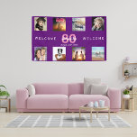 80th birthday purple photo collage party banner<br><div class="desc">Welcome to a 80th birthday party for a woman,  celebrating her life with a collage of 8 of your own photos.  Photo of family,  friends,  pets,  vacations. Templates for a name,  age 80 and a date. With the text: Welcome (x2)  White and pink colored letters.  Elegant girly purple background.</div>