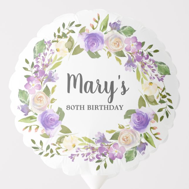 80th Birthday Purple Rose Floral Rustic Wreath Balloon (Front)