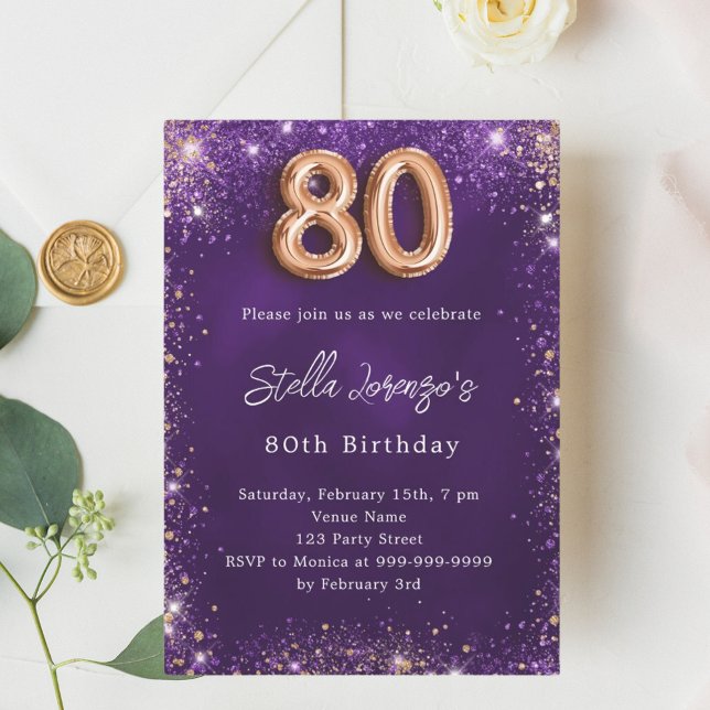 80th Birthday purple rose gold Invitation (Creator Uploaded)