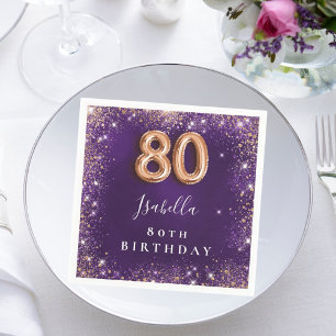 80th birthday purple rose gold name napkins