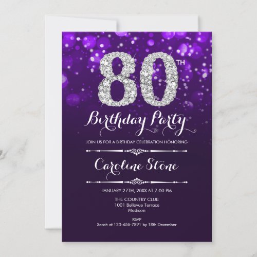 80th Birthday _ Purple Silver Invitation