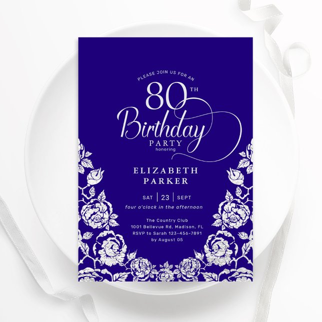 80th Birthday Purple Silver Roses Invitation (Creator Uploaded)