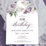 80th Birthday Purple Spring Lilac Flower Arch Invitation<br><div class="desc">Soft watercolor purple lilacs create a pretty springtime 80th birthday invitation. The calligraphy adds an elegant aesthetic. This 80th birthday invitation is available in both traditional cardstock and a downloadable version. It is part of the Purple Spring Lilac Flower collection. It lets you choose a theme and then easily create...</div>