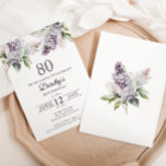 80th Birthday Purple Spring Lilac Flower Invitation<br><div class="desc">Soft watercolor purple lilacs create a pretty springtime 80th birthday invitation. The typography adds a vintage, retro vibe. All of the text is editable so you can set just the right tone. You can easily change fonts and color as well. This 80th birthday invitation is available in both traditional cardstock...</div>