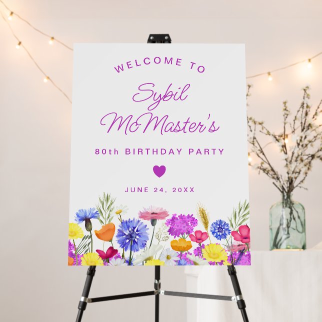 80th Birthday Purple Wildflowers Welcome Sign (In Situ (Stand))