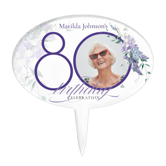 80th Birthday Purple Wisteria Floral Custom Photo Cake Topper (Front)