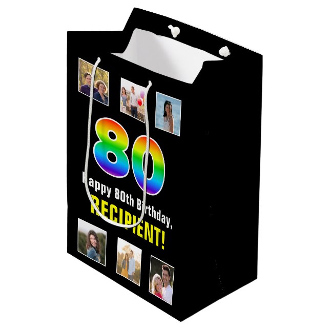 80th Birthday: Rainbow “80“, Custom Photos & Name Medium Gift Bag (Front Angled)