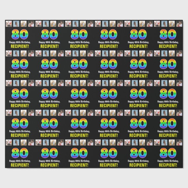 80th Birthday: Rainbow “80“; Custom Photos & Name Wrapping Paper (Seam)