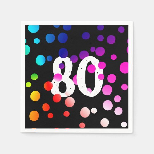 80th Birthday Rainbow Dots on Black  Napkins