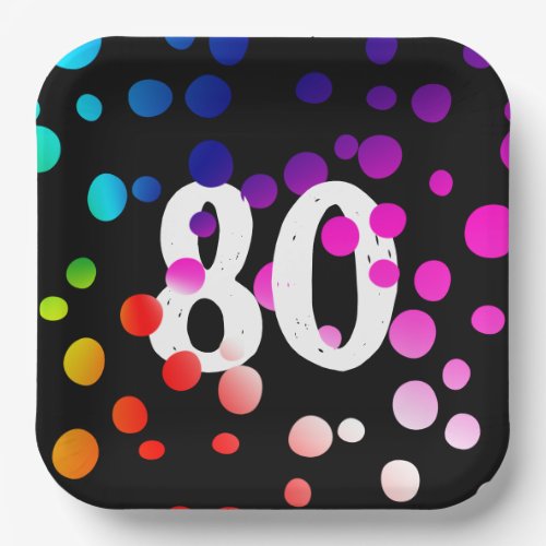 80th Birthday Rainbow Dots on Black Paper Plates