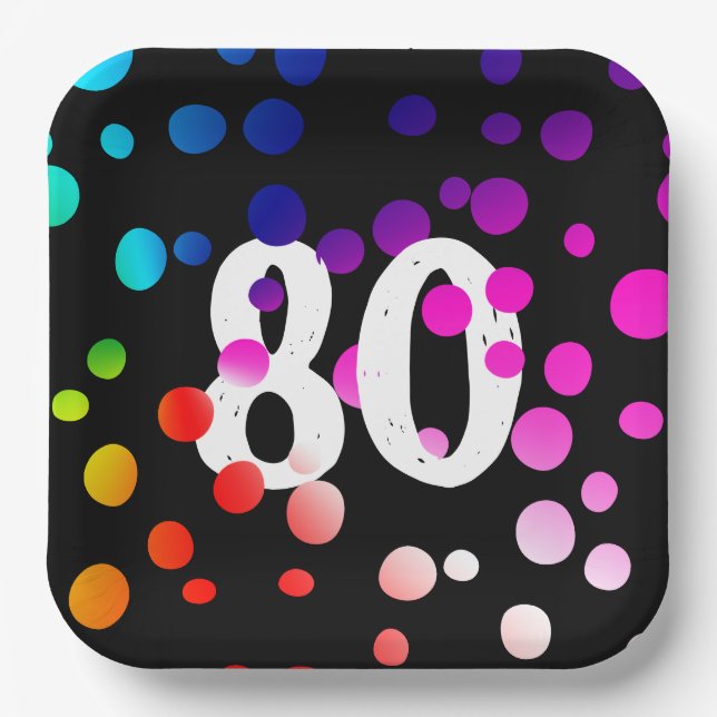 80th Birthday Rainbow Dots on Black Paper Plates (Front)