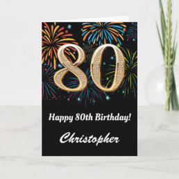 80th Birthday Rainbow Fireworks Black and Gold Card