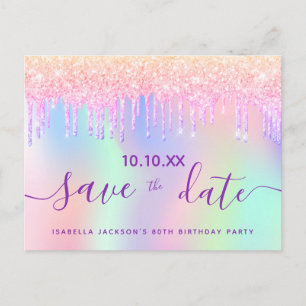 80th birthday rainbow glitter pink save the date postcard