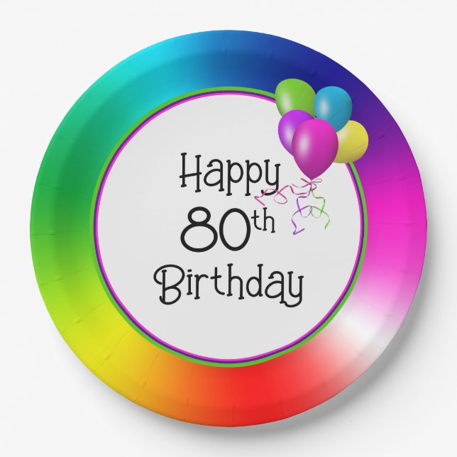 80th Birthday Rainbow  Paper Plates (Front)